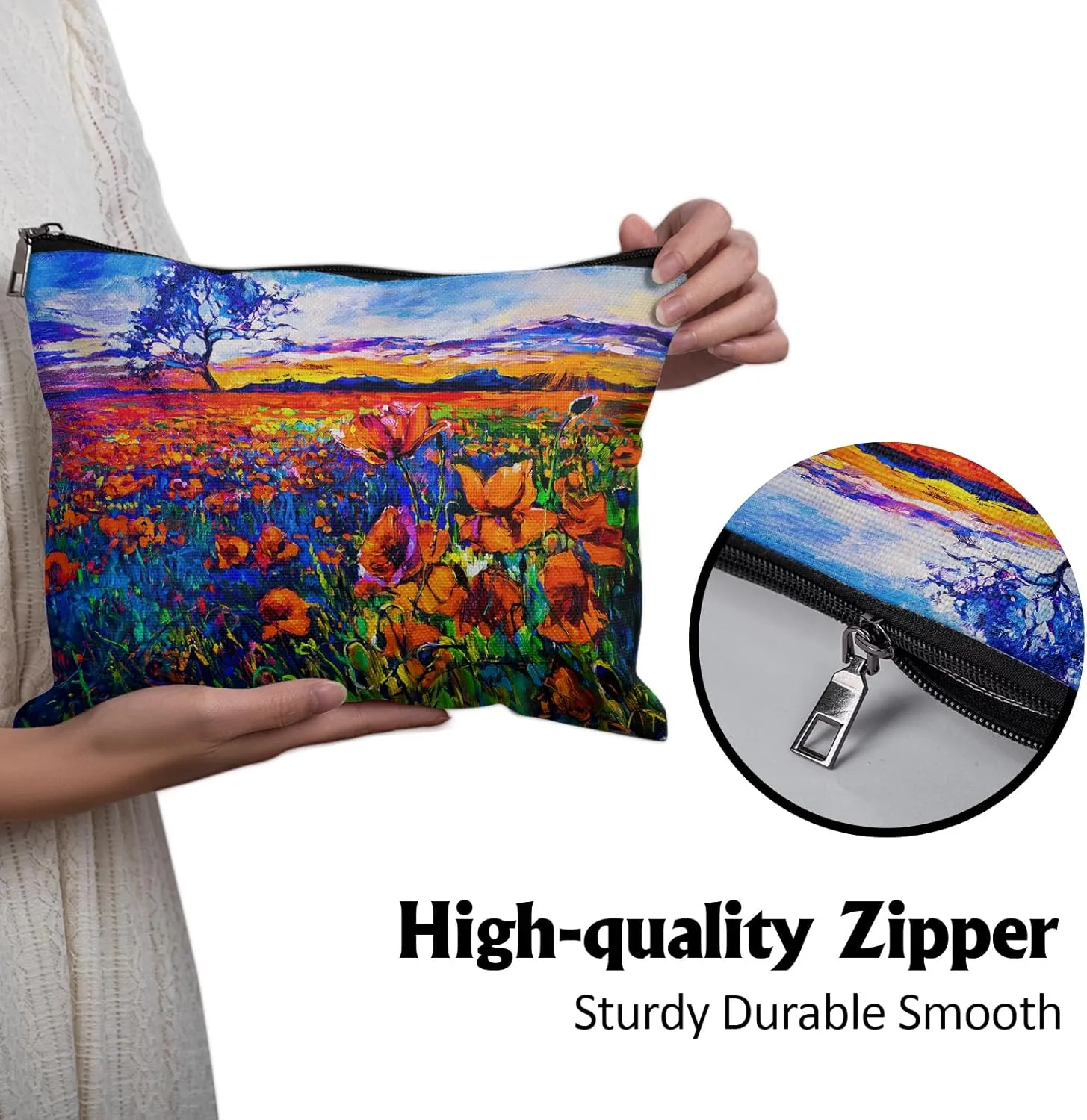 Cafl Poppy Field Makeup Bag Travel Large Poppy Painting Cosmetic Bag Organizer toiletry Essentials Jewelry Zipper Bag Gift For Women -10×8 inch