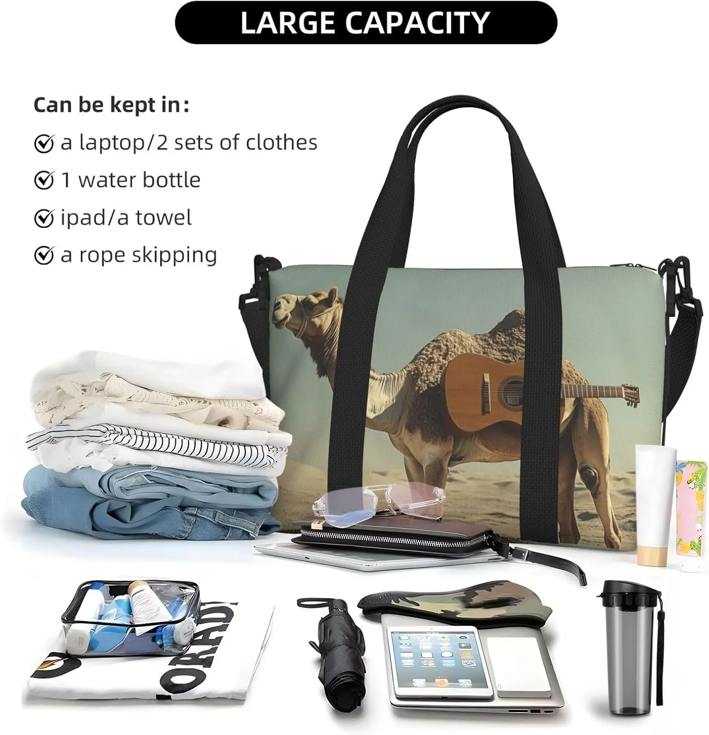 camel guitar print Travel Duffel Bag, Sports Tote Gym Bag, Swim Pool Bag Large Shoulder Tote Bag for Beach Weekender