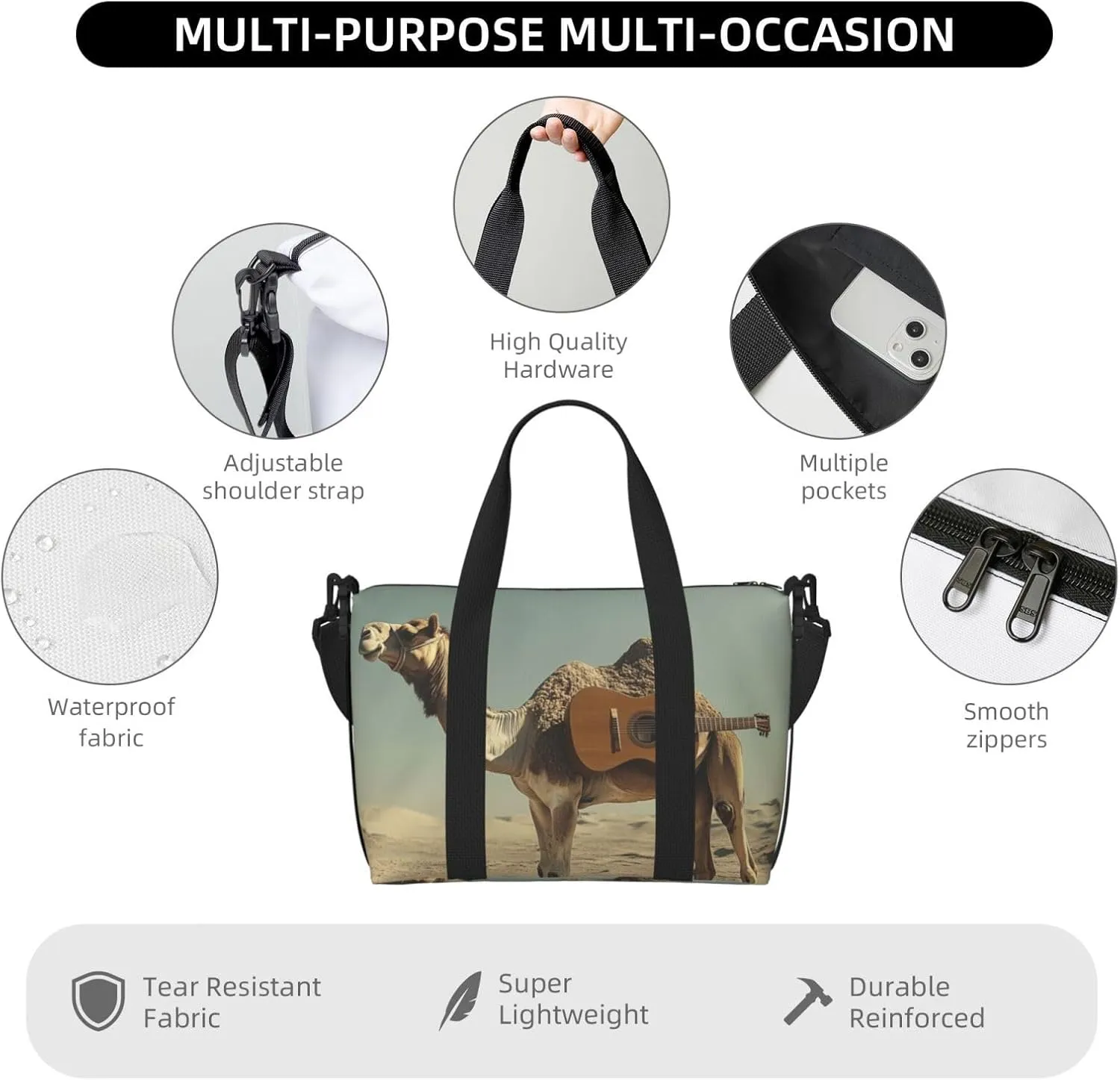 camel guitar print Travel Duffel Bag, Sports Tote Gym Bag, Swim Pool Bag Large Shoulder Tote Bag for Beach Weekender