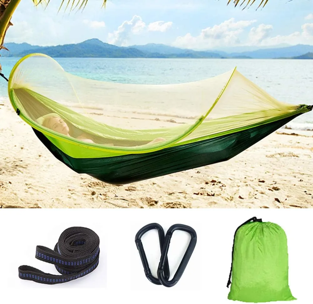 Camping Hammock, Hann Portable Camping Hammock with Mosquito Net Parachute Nylon Fabric Lightweight Hammock for Beach, Traveling, Hiking, Mountain,Adventure,Outdoor Jungle (Green)
