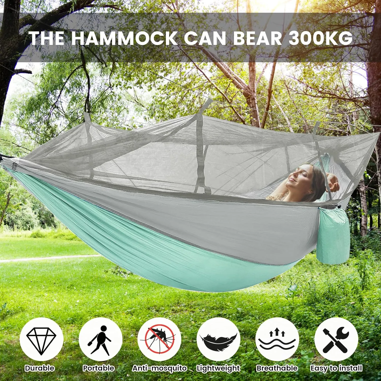 Camping Hammock with Mosquito Net & Rain Fly Tent Tarp & Tree Straps Portable Strong Nylon Hammock Parachute Tent w/Storage Bag for Camping Hiking Backyard Outdoor Backpacking Travel