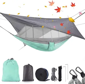 Camping Hammock with Mosquito Net & Rain Fly Tent Tarp & Tree Straps Portable Strong Nylon Hammock Parachute Tent w/Storage Bag for Camping Hiking Backyard Outdoor Backpacking Travel