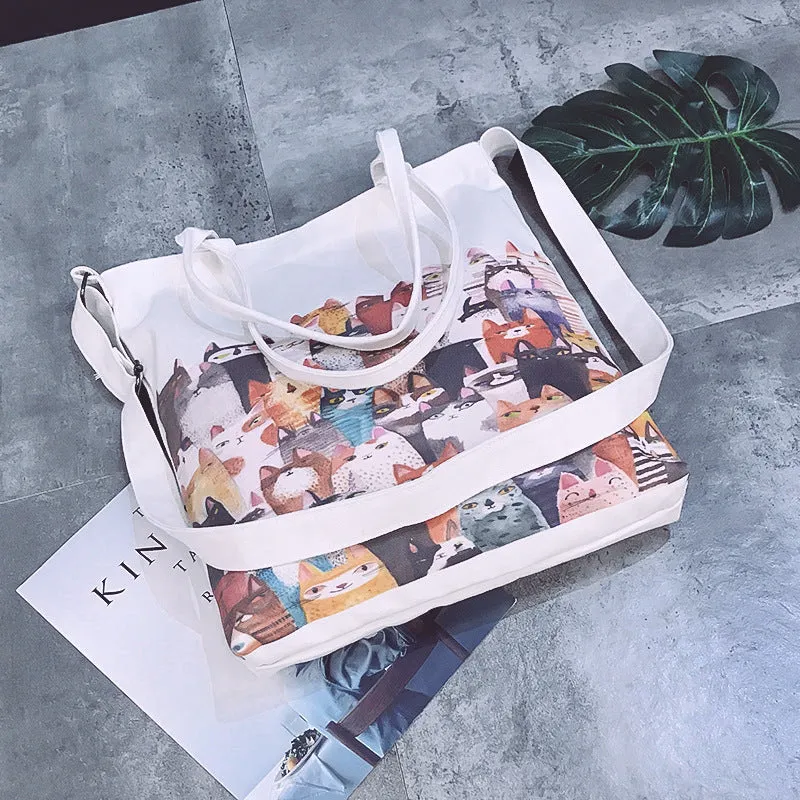Canvas Bag Women Cute Cat Handbag Literary Shoulder Messenger Bag