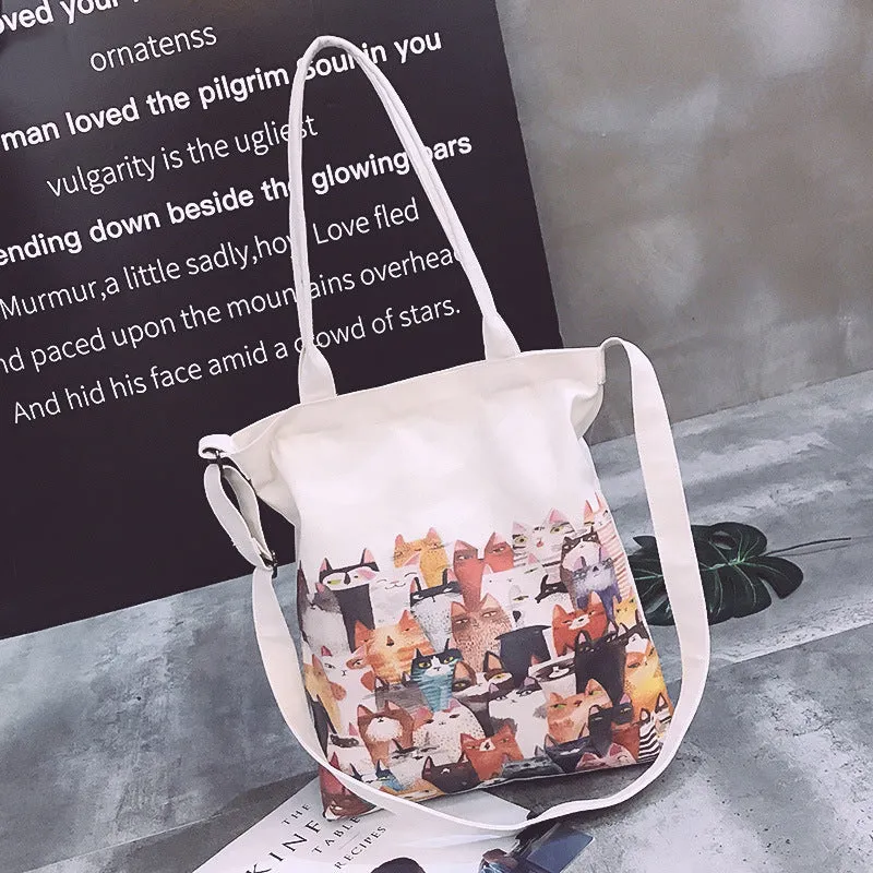 Canvas Bag Women Cute Cat Handbag Literary Shoulder Messenger Bag