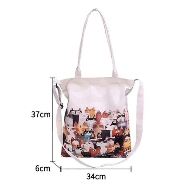 Canvas Bag Women Cute Cat Handbag Literary Shoulder Messenger Bag
