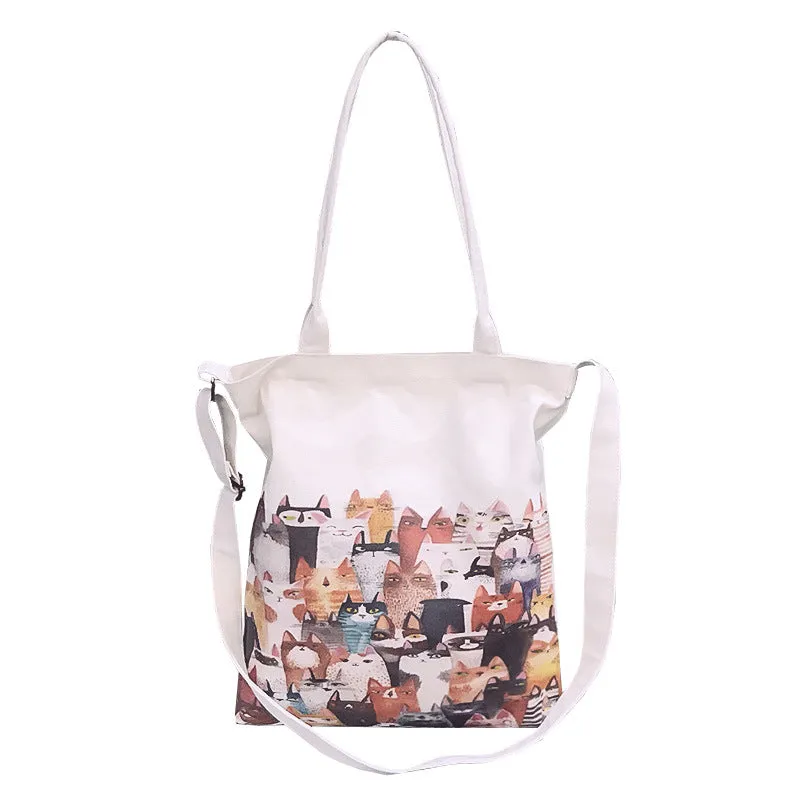 Canvas Bag Women Cute Cat Handbag Literary Shoulder Messenger Bag