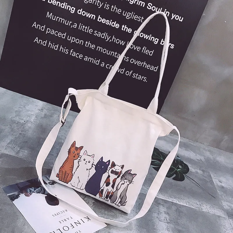 Canvas Bag Women Cute Cat Handbag Literary Shoulder Messenger Bag