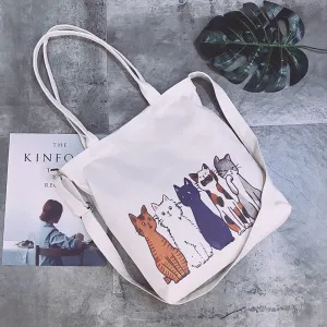 Canvas Bag Women Cute Cat Handbag Literary Shoulder Messenger Bag