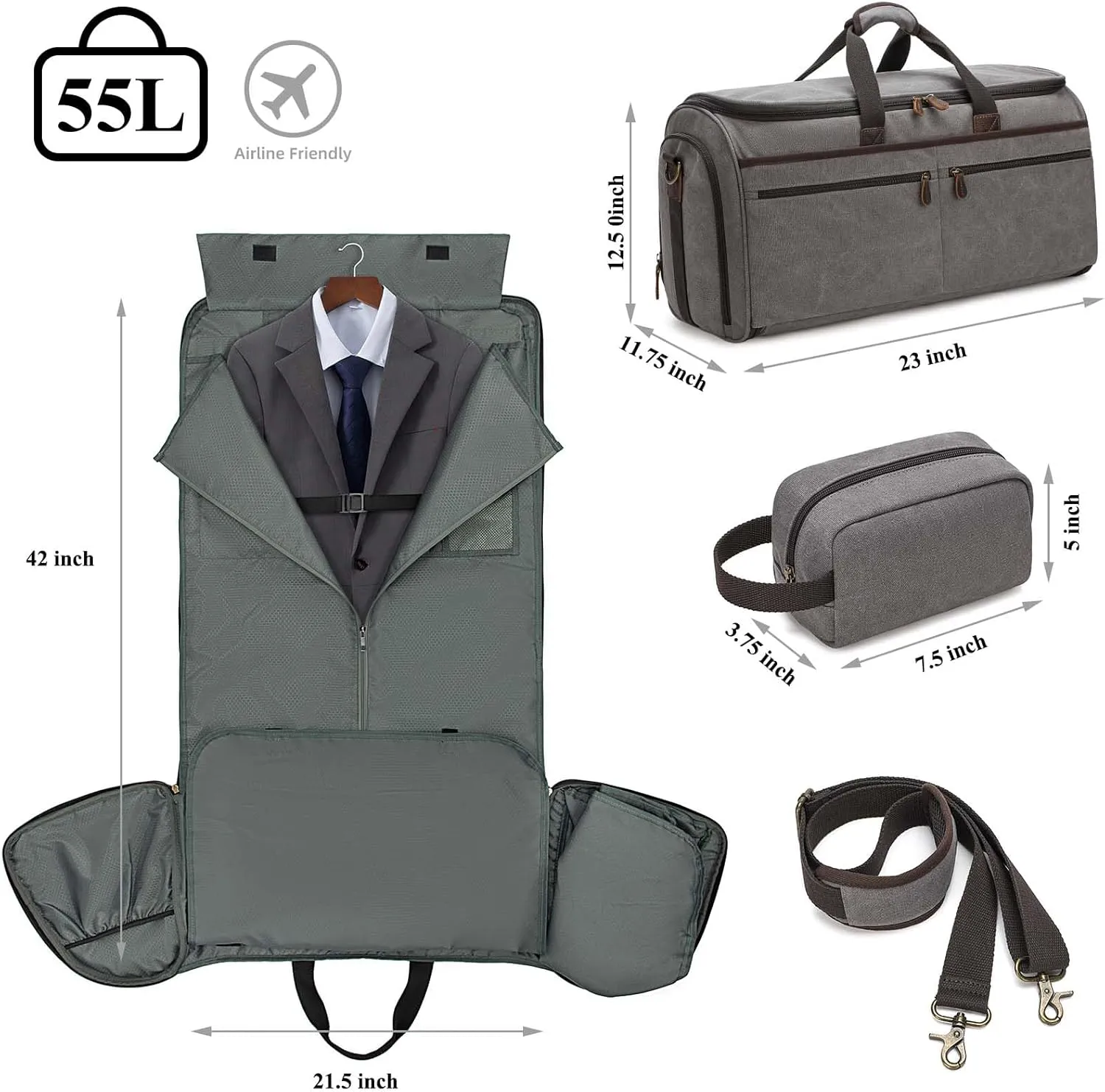 Canvas Garment Duffle Bag Garment Bag Duffle Bag Combo for Travel Convertible Carry on Bag with Detachable Suit Travel Bags for Men Bussiness
