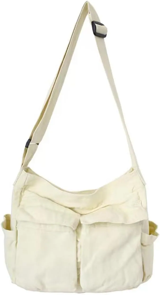 Canvas Messenger Bag Large Crossbody Bag with Multiple Pockets Casual Shoulder Aesthetic Tote Bag for Women and Men