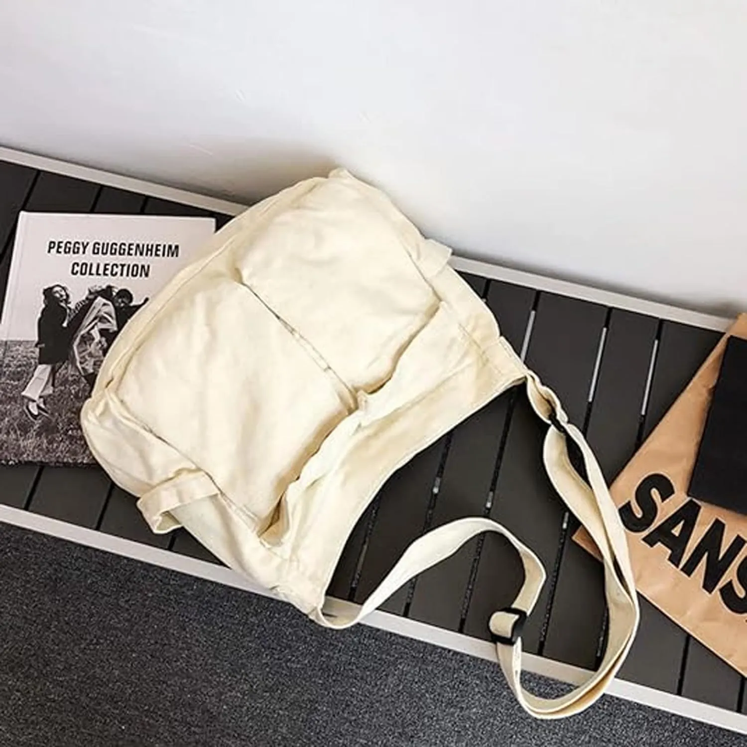 Canvas Messenger Bag Large Crossbody Bag with Multiple Pockets Casual Shoulder Aesthetic Tote Bag for Women and Men