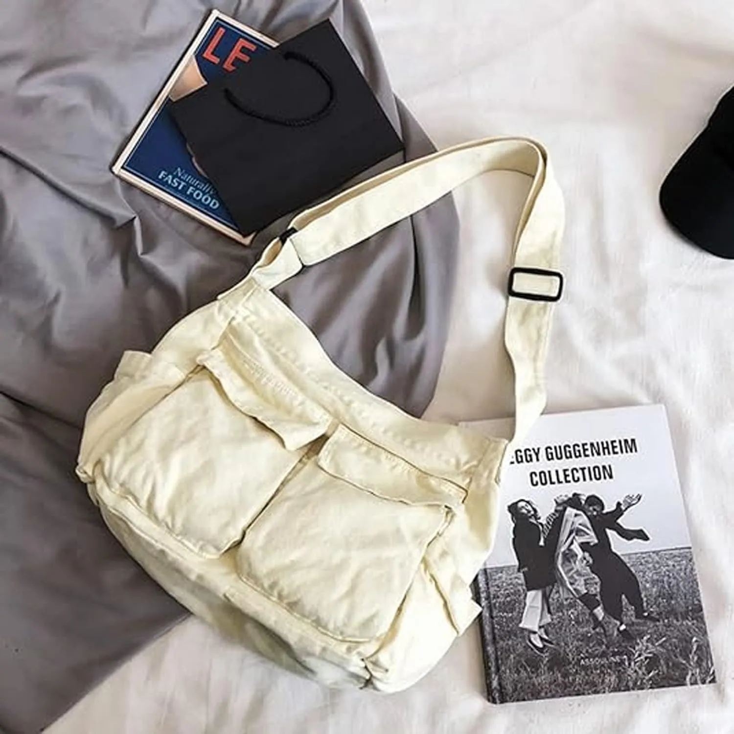 Canvas Messenger Bag Large Crossbody Bag with Multiple Pockets Casual Shoulder Aesthetic Tote Bag for Women and Men
