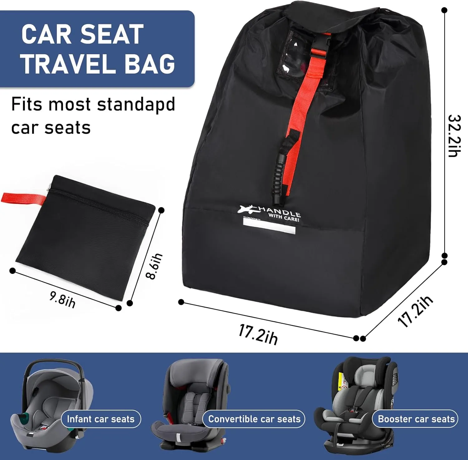 Car Seat Travel Bag for Airplane, Large Waterproof Car Seat Bags Fits Most Infant Car Seats, Convertible Car Seats, Booster Seats, Car Seat Bases, Adjustable Shoulder Strap