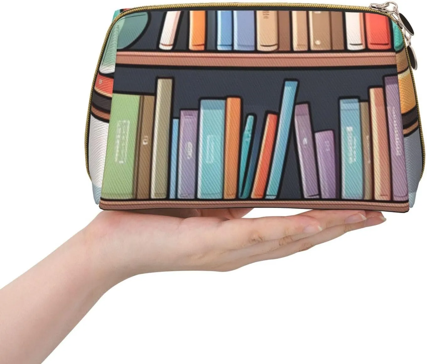 Cartoon Bookshelf Printed Small Makeup Bag,Travel Cosmetic Bag Purse with Zipper,Water-resistant Makeup Organizer Bag for Women