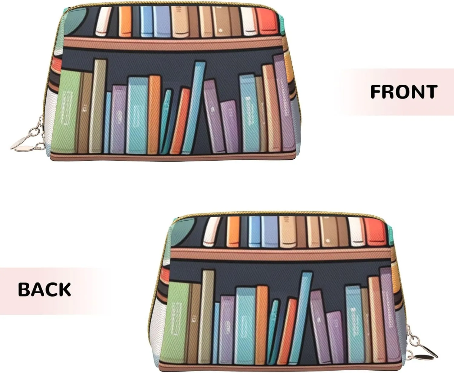 Cartoon Bookshelf Printed Small Makeup Bag,Travel Cosmetic Bag Purse with Zipper,Water-resistant Makeup Organizer Bag for Women