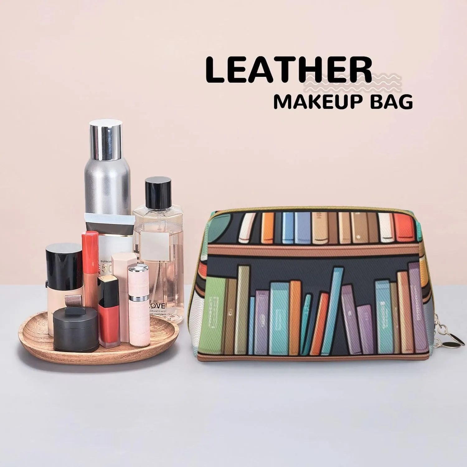 Cartoon Bookshelf Printed Small Makeup Bag,Travel Cosmetic Bag Purse with Zipper,Water-resistant Makeup Organizer Bag for Women