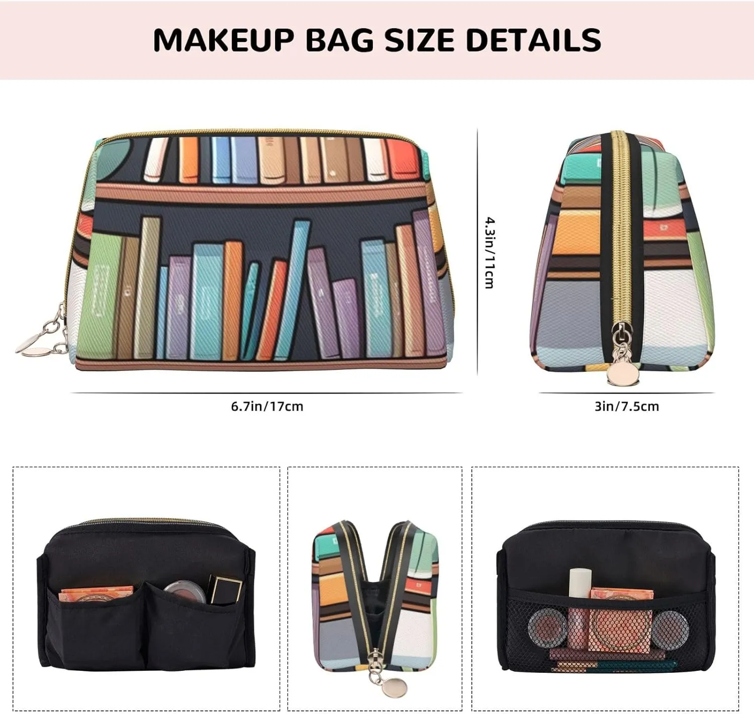 Cartoon Bookshelf Printed Small Makeup Bag,Travel Cosmetic Bag Purse with Zipper,Water-resistant Makeup Organizer Bag for Women