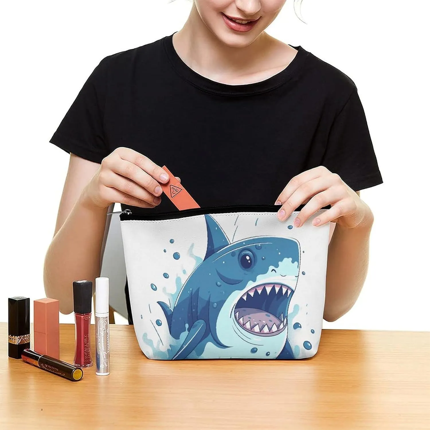 Cartoon Shark Cosmetic Bag Portable Toiletry Bag Large Capacity Travel Makeup Bags Beauty Makeup Organizer for Full-Sized Shampoo Conditioner Brushes Set Makeup Accessories