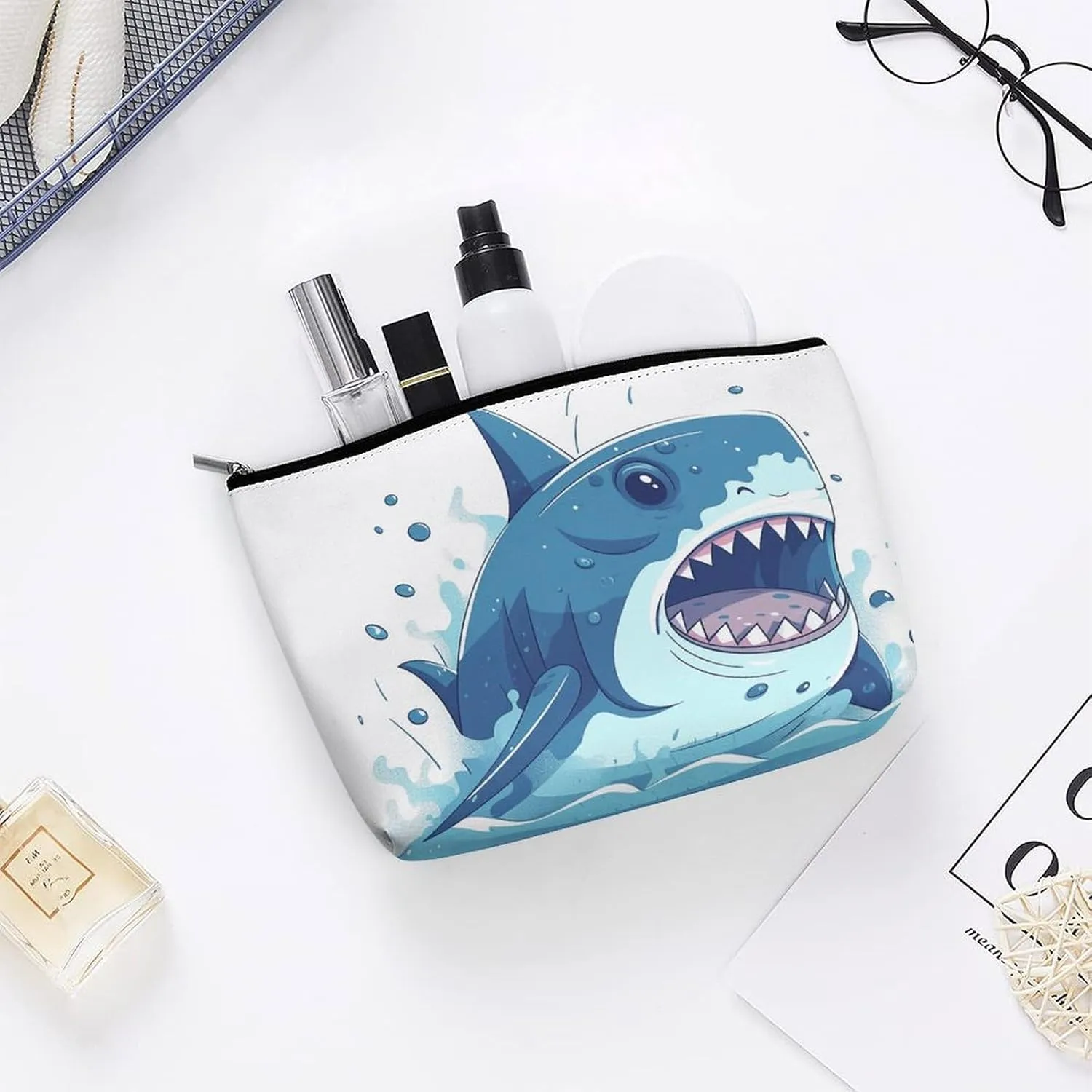 Cartoon Shark Cosmetic Bag Portable Toiletry Bag Large Capacity Travel Makeup Bags Beauty Makeup Organizer for Full-Sized Shampoo Conditioner Brushes Set Makeup Accessories