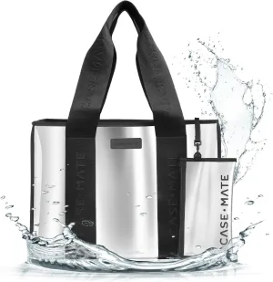 Case-Mate Silver Chrome Beach Tote - Lightweight Beach Bag with Phone Pouch for Women - Waterproof, Tip-Proof, Foldable & Washable - Tote Bag for Beach, Pool, Travel and Vacation - Large