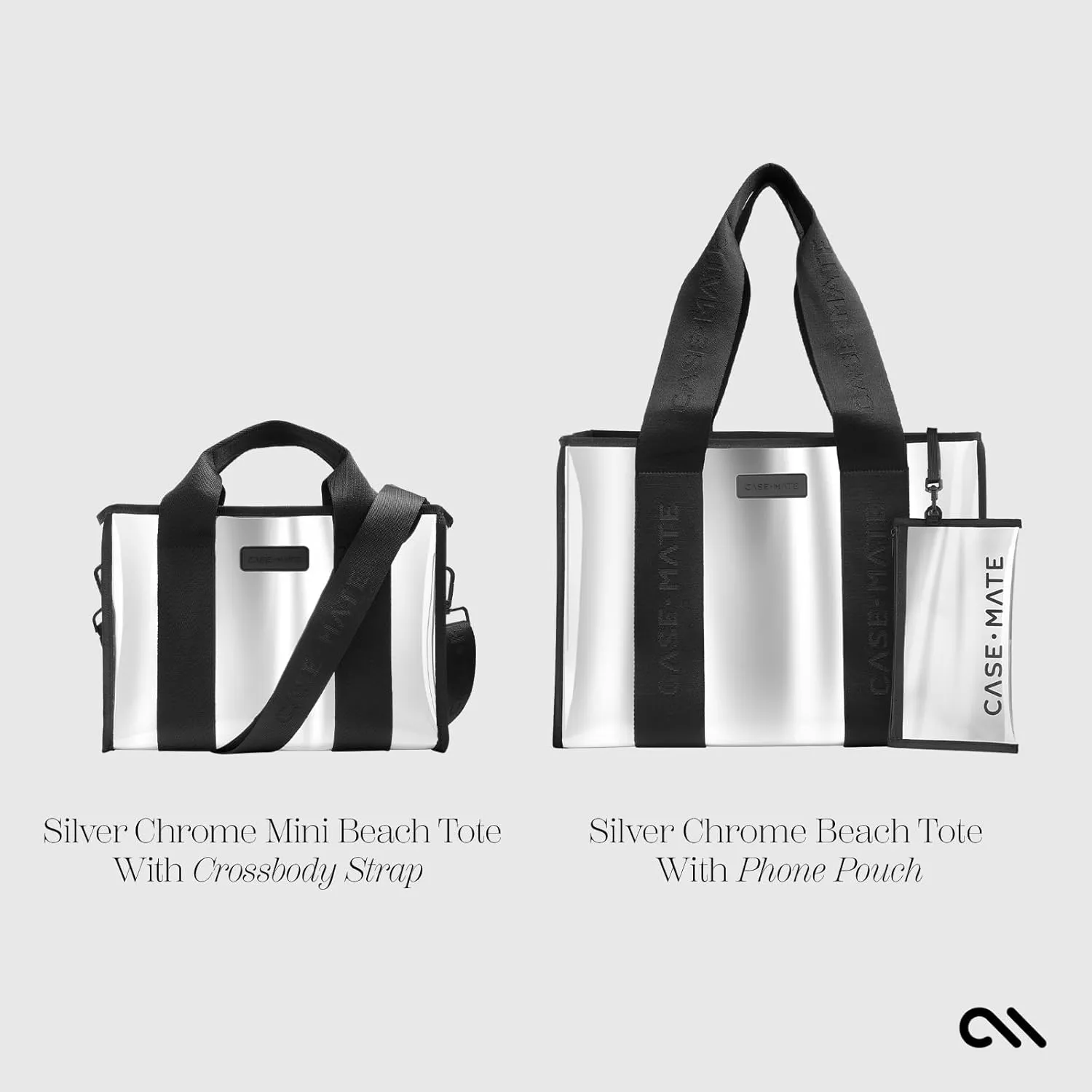 Case-Mate Silver Chrome Beach Tote - Lightweight Beach Bag with Phone Pouch for Women - Waterproof, Tip-Proof, Foldable & Washable - Tote Bag for Beach, Pool, Travel and Vacation - Large