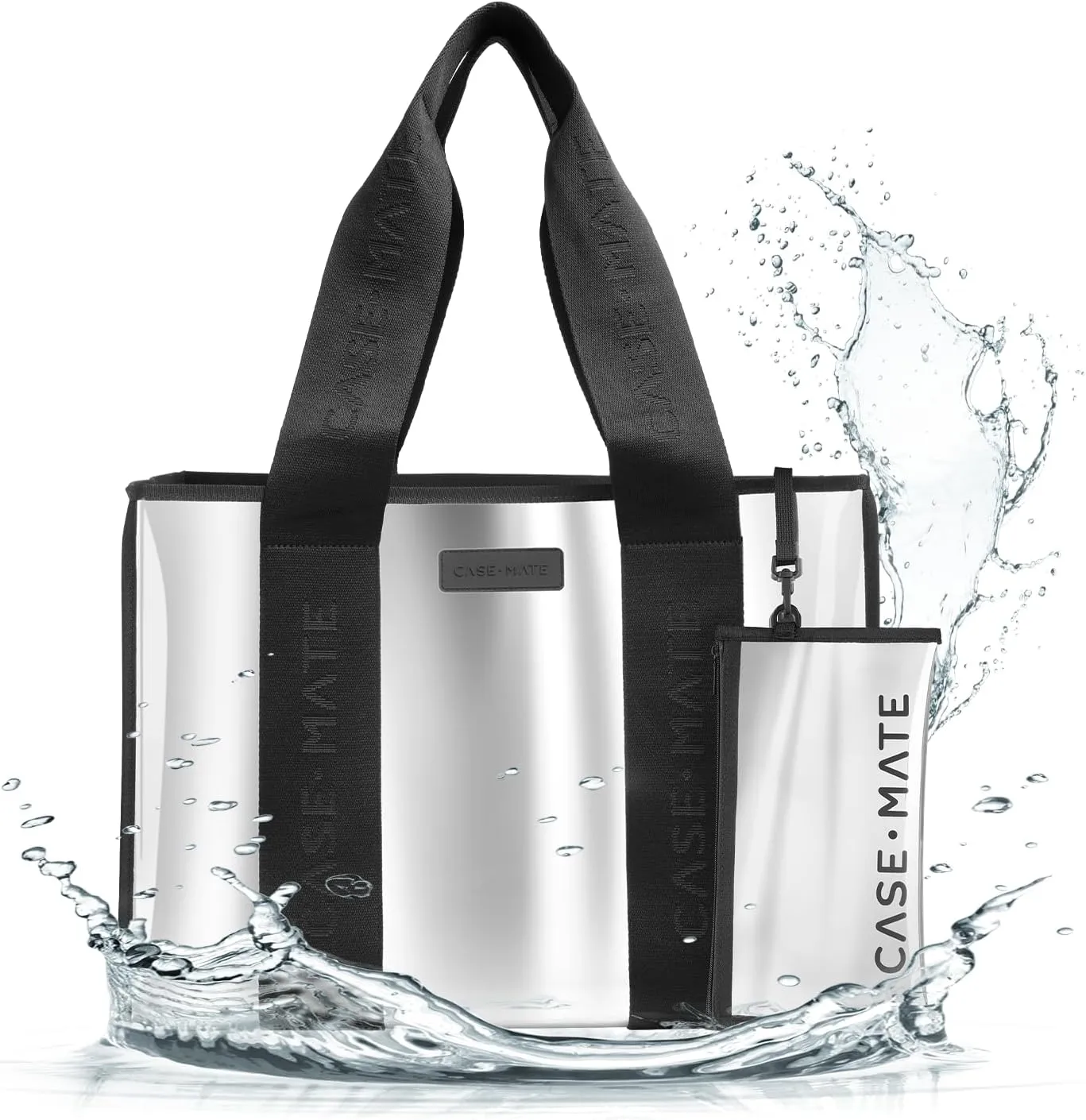 Case-Mate Silver Chrome Beach Tote - Lightweight Beach Bag with Phone Pouch for Women - Waterproof, Tip-Proof, Foldable & Washable - Tote Bag for Beach, Pool, Travel and Vacation - Large
