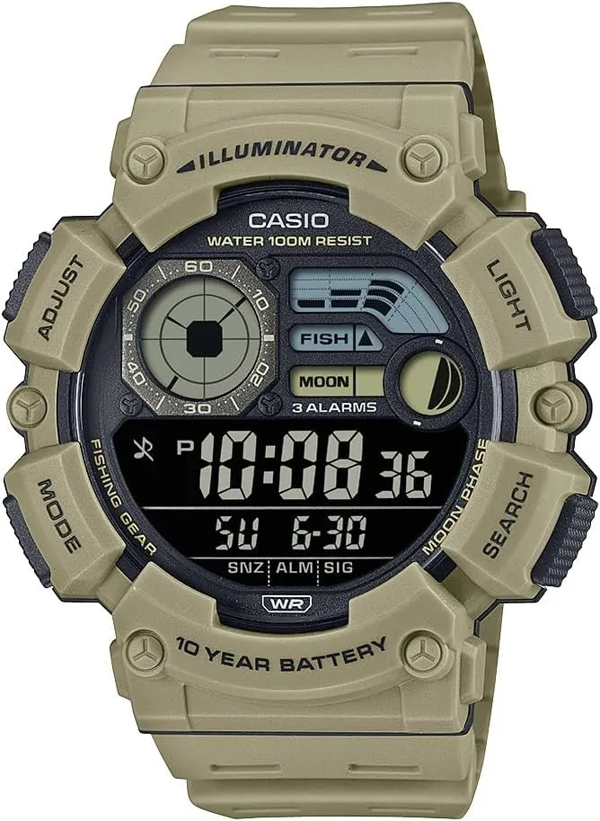 Casio WS1500H Series | Men’s Digital Watch | 100M WR | Dual Time | Countdown Timer | LED Light | Moon Phase | Fishing Mode | Auto Calendar | Multi Alarms | 1/100 SEC Stopwatch | 10 Year Battery