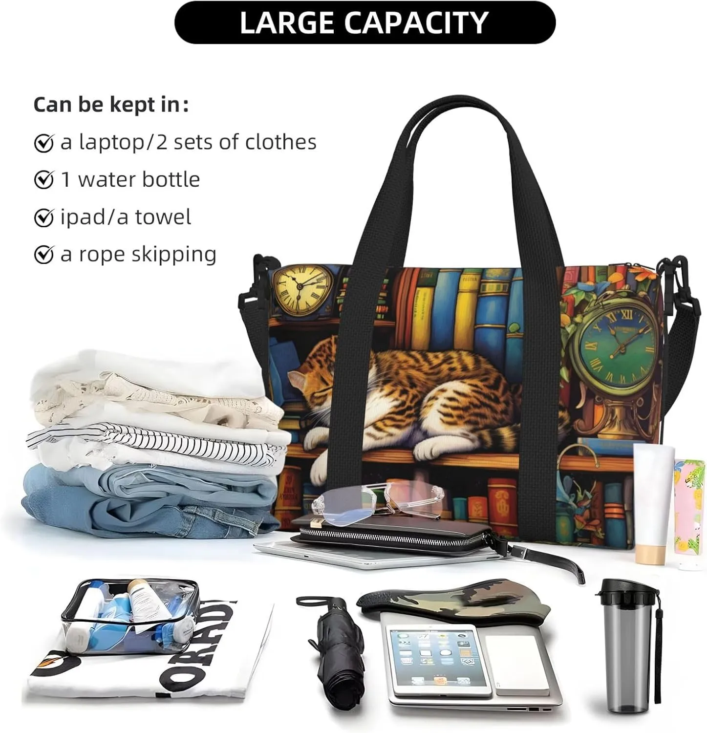 cat napping on shelf print Travel Duffel Bag, Sports Tote Gym Bag, Swim Pool Bag Large Shoulder Tote Bag for Beach Weekender