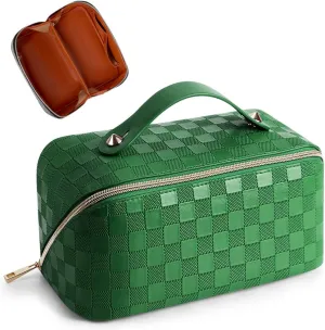 Cessfle Large Capacity Travel Cosmetic Bag Plaid Checkered Makeup Bag Portable Leather Waterproof Skincare Bag with Handle & Divider for Women, 01-Green