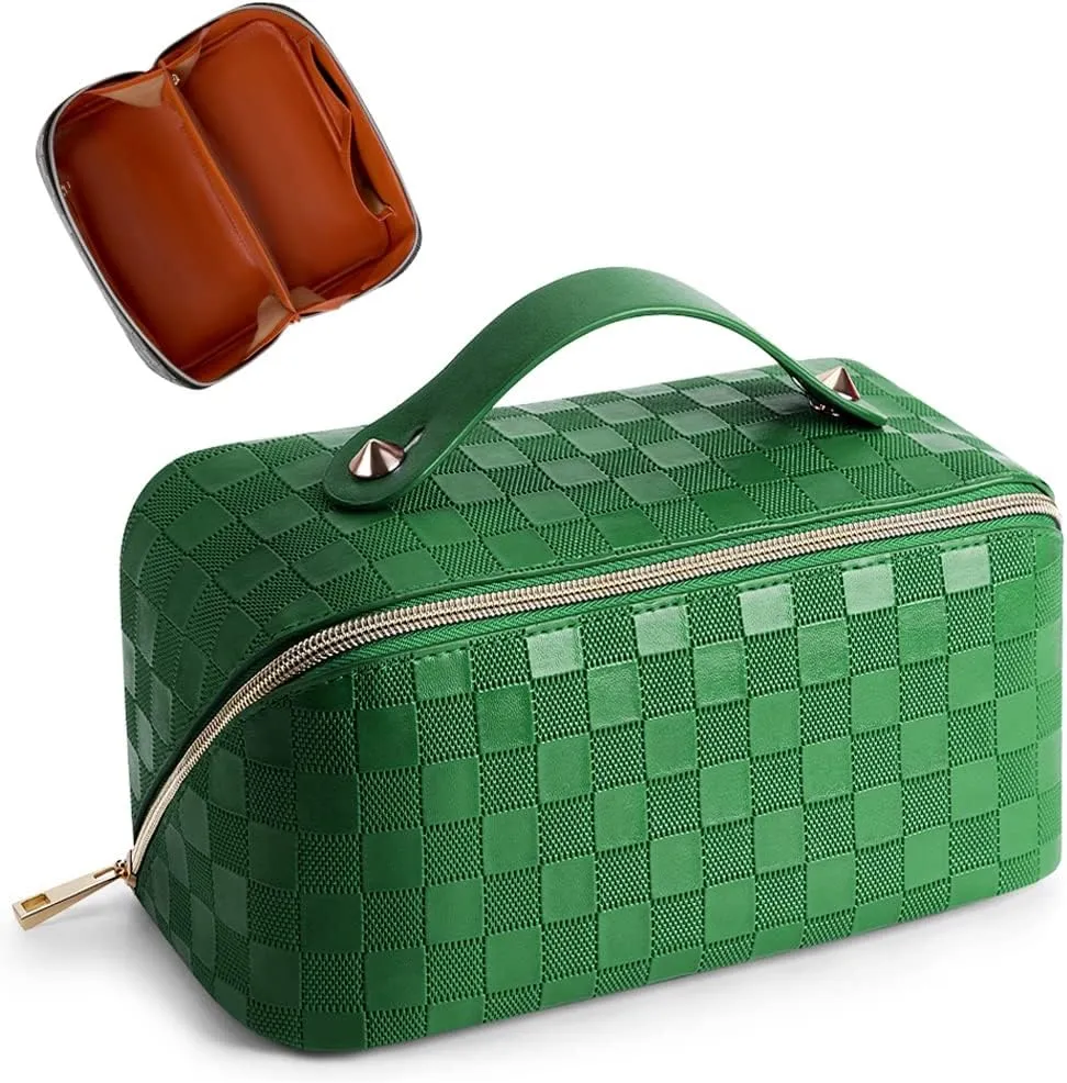 Cessfle Large Capacity Travel Cosmetic Bag Plaid Checkered Makeup Bag Portable Leather Waterproof Skincare Bag with Handle & Divider for Women, 01-Green