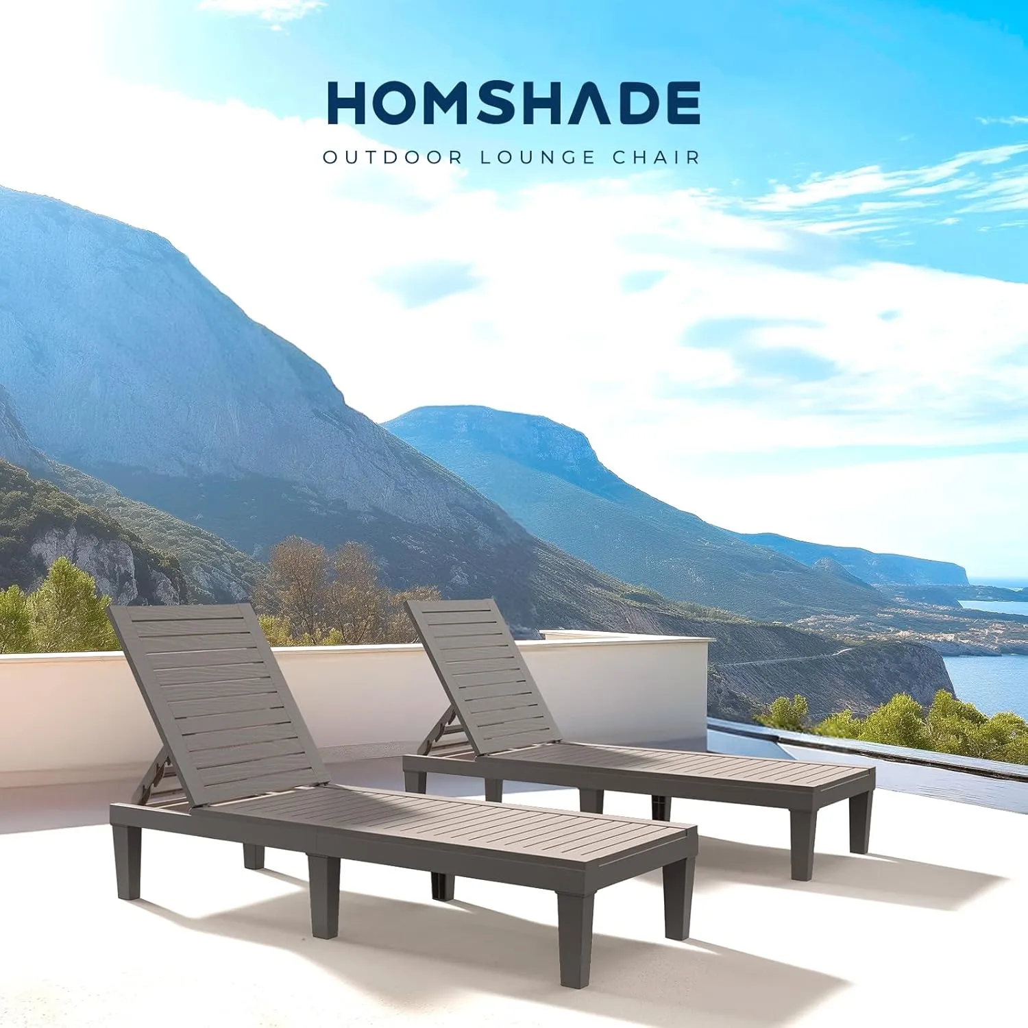 Chaise Lounge Chair Outdoor - Set of 2 Tanning Lounger with 5 Positions Adjustable Backrest, Waterproof, 330lbs Weight Capacity for Pool, Resin (Grey)