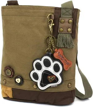 CHALA Patch Cross-Body Women Handbag Canvas Messenger Bag - PawPrint B&W - Olive