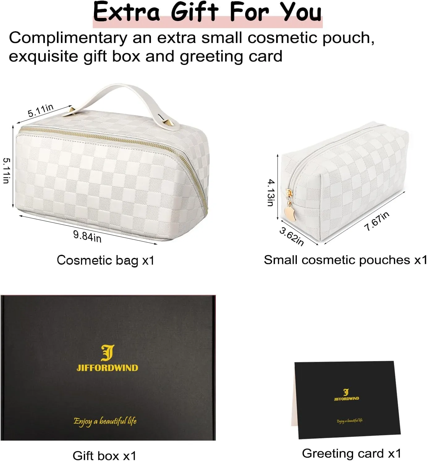 Checkered Travel Makeup Bags Cosmetic Organizer Bag: 2-Set Large Capacity Waterproof Makeup Bag - PU Leather Toiletry Bag for Women - Wide Open Portable Pouch with Handle and Divider (WHITE)