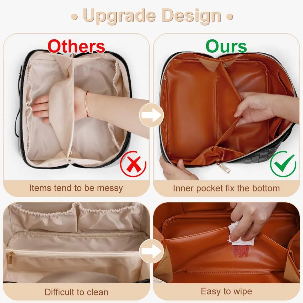 Checkered Travel Makeup Bags Cosmetic Organizer Bag: 2-Set Large Capacity Waterproof Makeup Bag - PU Leather Toiletry Bag for Women - Wide Open Portable Pouch with Handle and Divider (WHITE)