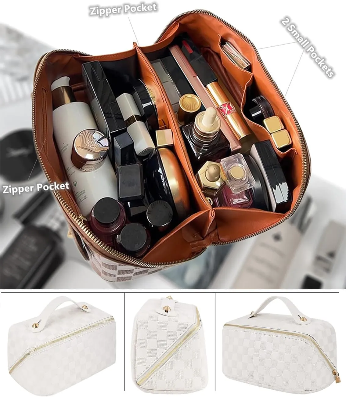 Checkered Travel Makeup Bags Cosmetic Organizer Bag: 2-Set Large Capacity Waterproof Makeup Bag - PU Leather Toiletry Bag for Women - Wide Open Portable Pouch with Handle and Divider (WHITE)
