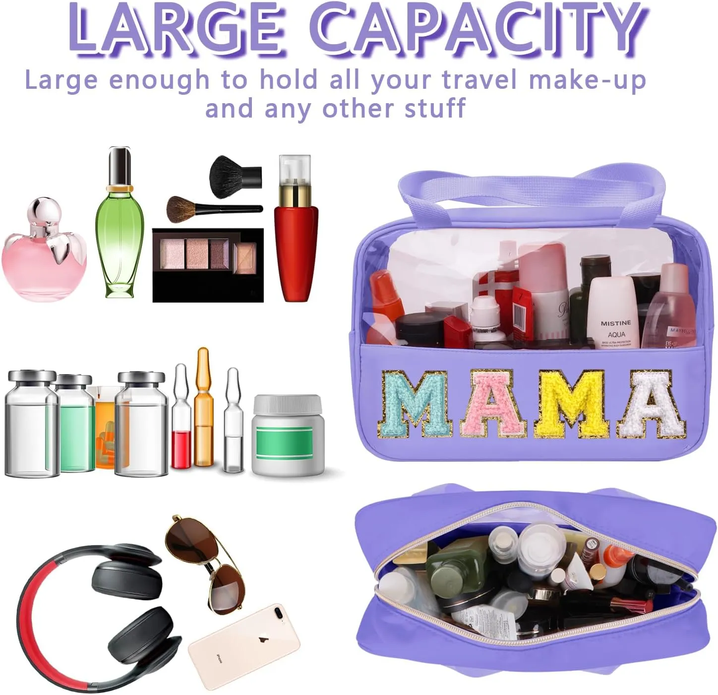 Chenille Letter Patch Mama Bag, Preppy Clear Makeup Cosmetic Bag Large Toiletry Storage Tote Bag with Handle, Transparent Nylon Waterproof Organizer Zipper Pouch for Travel Women Girls(Purple)