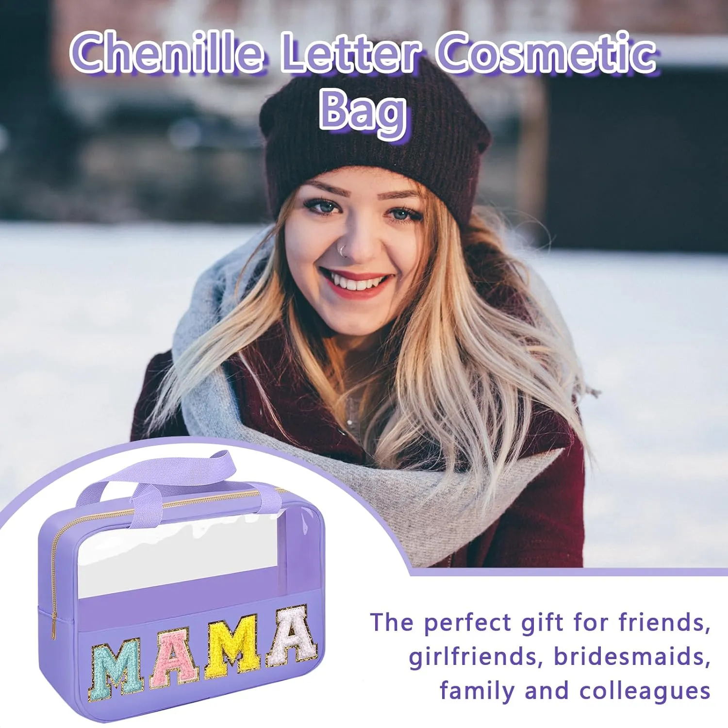 Chenille Letter Patch Mama Bag, Preppy Clear Makeup Cosmetic Bag Large Toiletry Storage Tote Bag with Handle, Transparent Nylon Waterproof Organizer Zipper Pouch for Travel Women Girls(Purple)