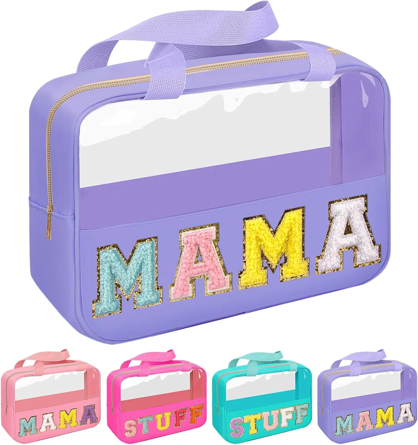 Chenille Letter Patch Mama Bag, Preppy Clear Makeup Cosmetic Bag Large Toiletry Storage Tote Bag with Handle, Transparent Nylon Waterproof Organizer Zipper Pouch for Travel Women Girls(Purple)