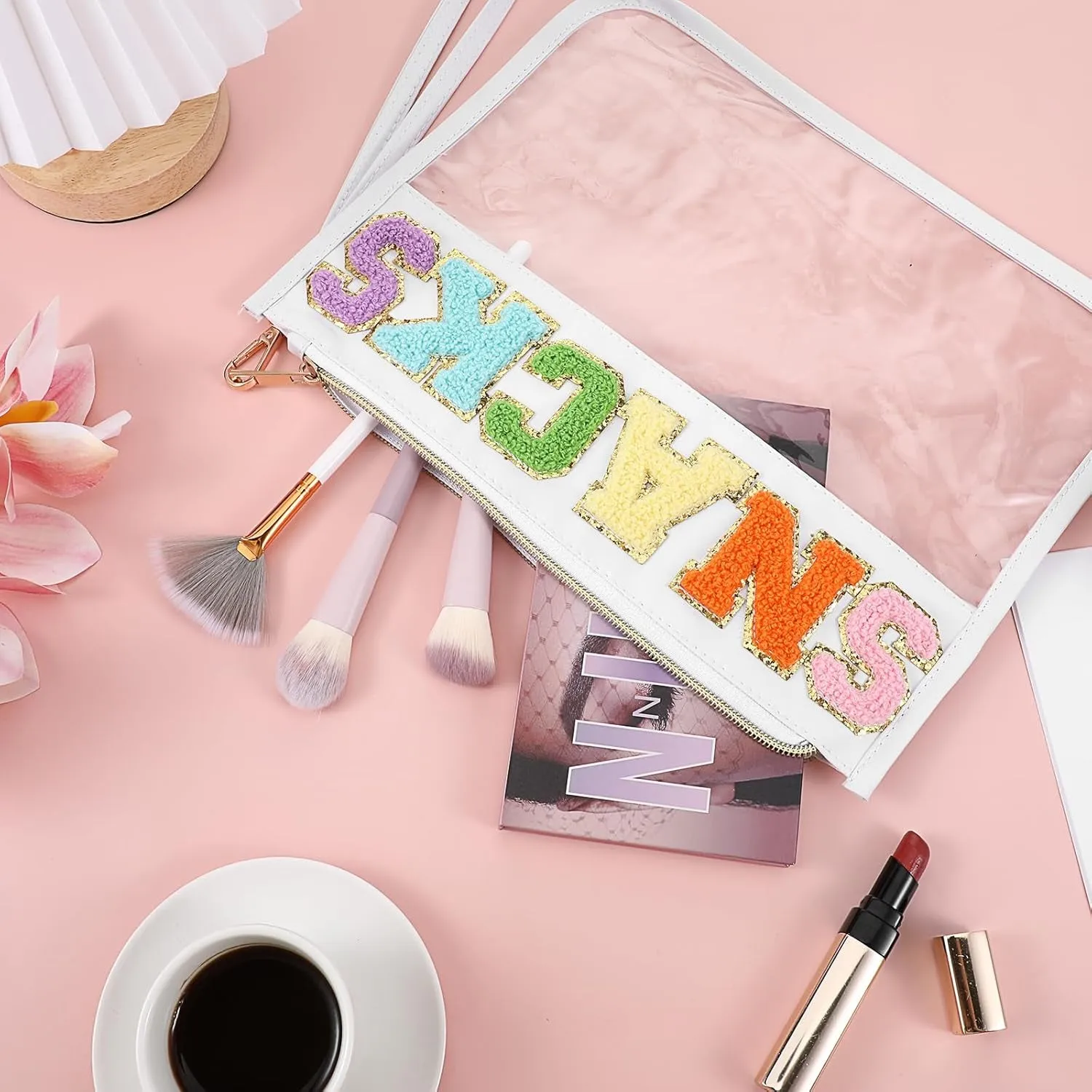 Chenille Letter Snack Bag Clear Makeup Bag Zipper Snack Pouch Waterproof Cosmetic Bag Toiletry Storage Bag Small Travel Bag for Women