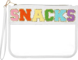 Chenille Letter Snack Bag Clear Makeup Bag Zipper Snack Pouch Waterproof Cosmetic Bag Toiletry Storage Bag Small Travel Bag for Women