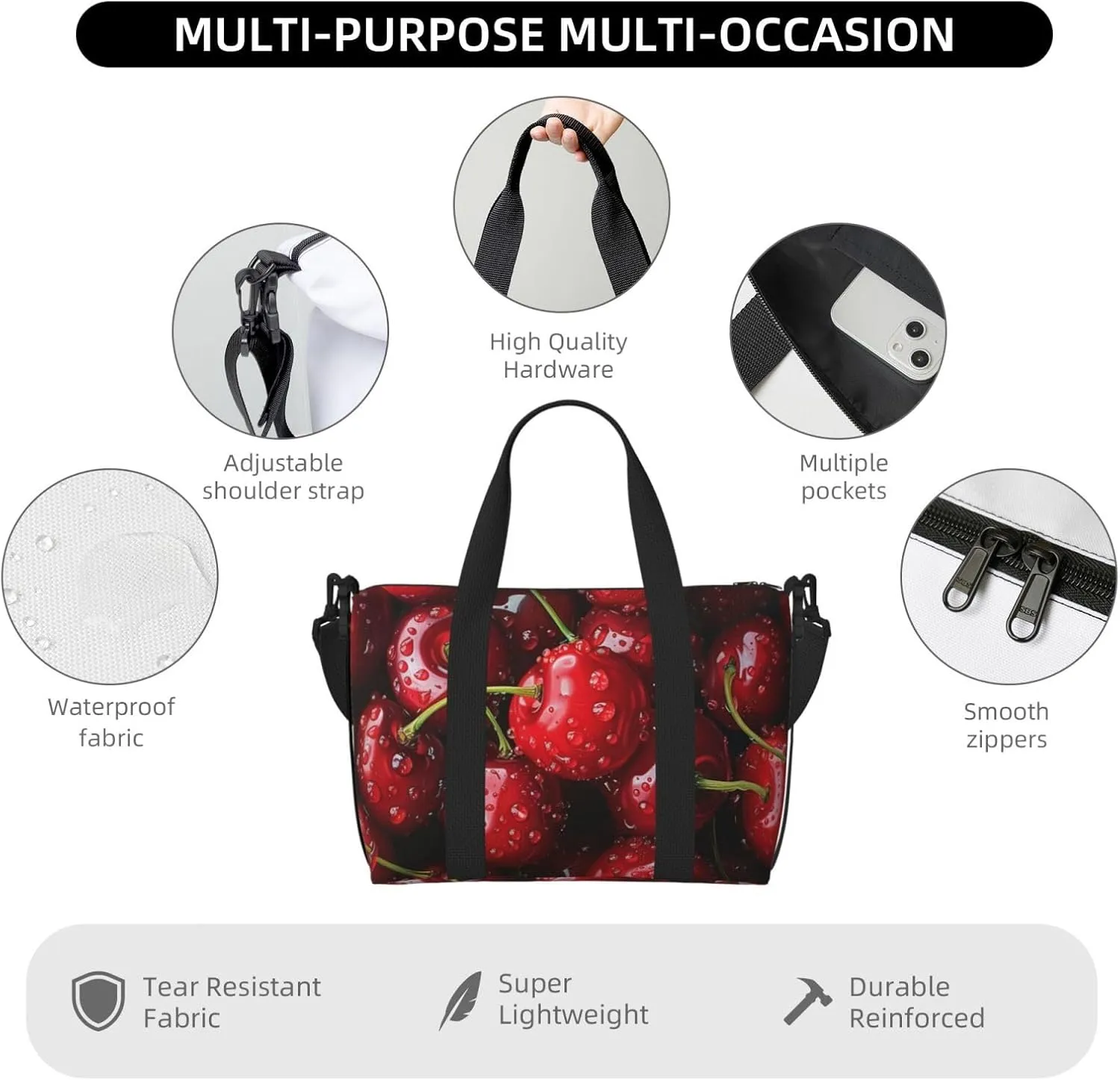 cherries red print Travel Duffel Bag, Sports Tote Gym Bag, Swim Pool Bag Large Shoulder Tote Bag for Beach Weekender