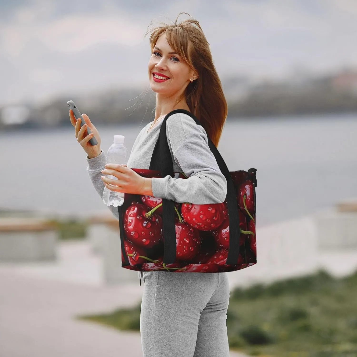 cherries red print Travel Duffel Bag, Sports Tote Gym Bag, Swim Pool Bag Large Shoulder Tote Bag for Beach Weekender