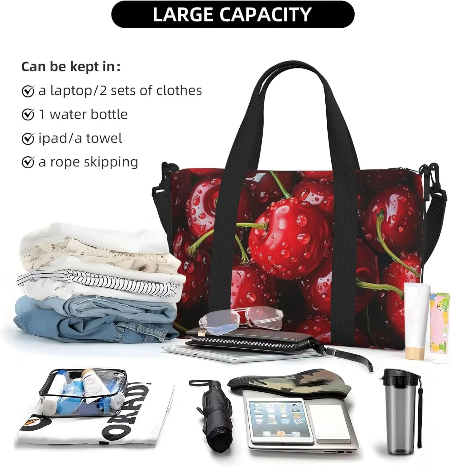 cherries red print Travel Duffel Bag, Sports Tote Gym Bag, Swim Pool Bag Large Shoulder Tote Bag for Beach Weekender