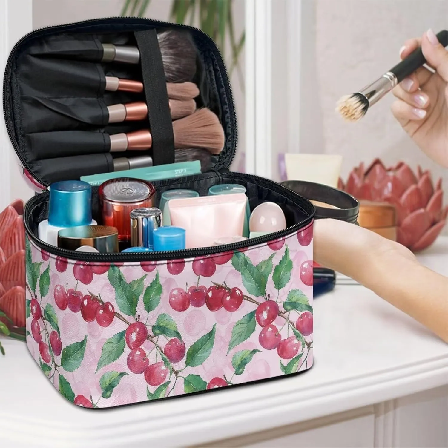 Cherry Makeup Bag for Teen Girls Pink Cosmetic Bag Travel Makeup Organzier with Handle Make Up Case Birthday Gifts for Women Girls