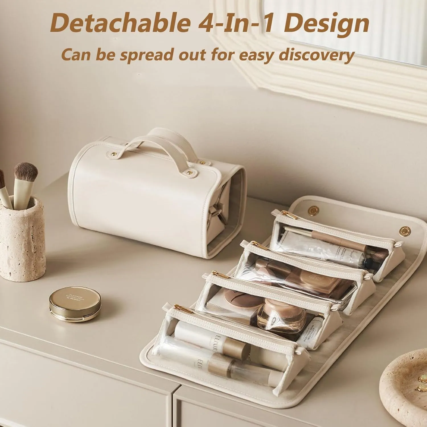 Chicvault Pro Multifunctional Cosmetic Bag, Leather Waterproof Toiletry Bag, Portable 4 In 1 Roll Up Folding Travel Makeup Bag (White)