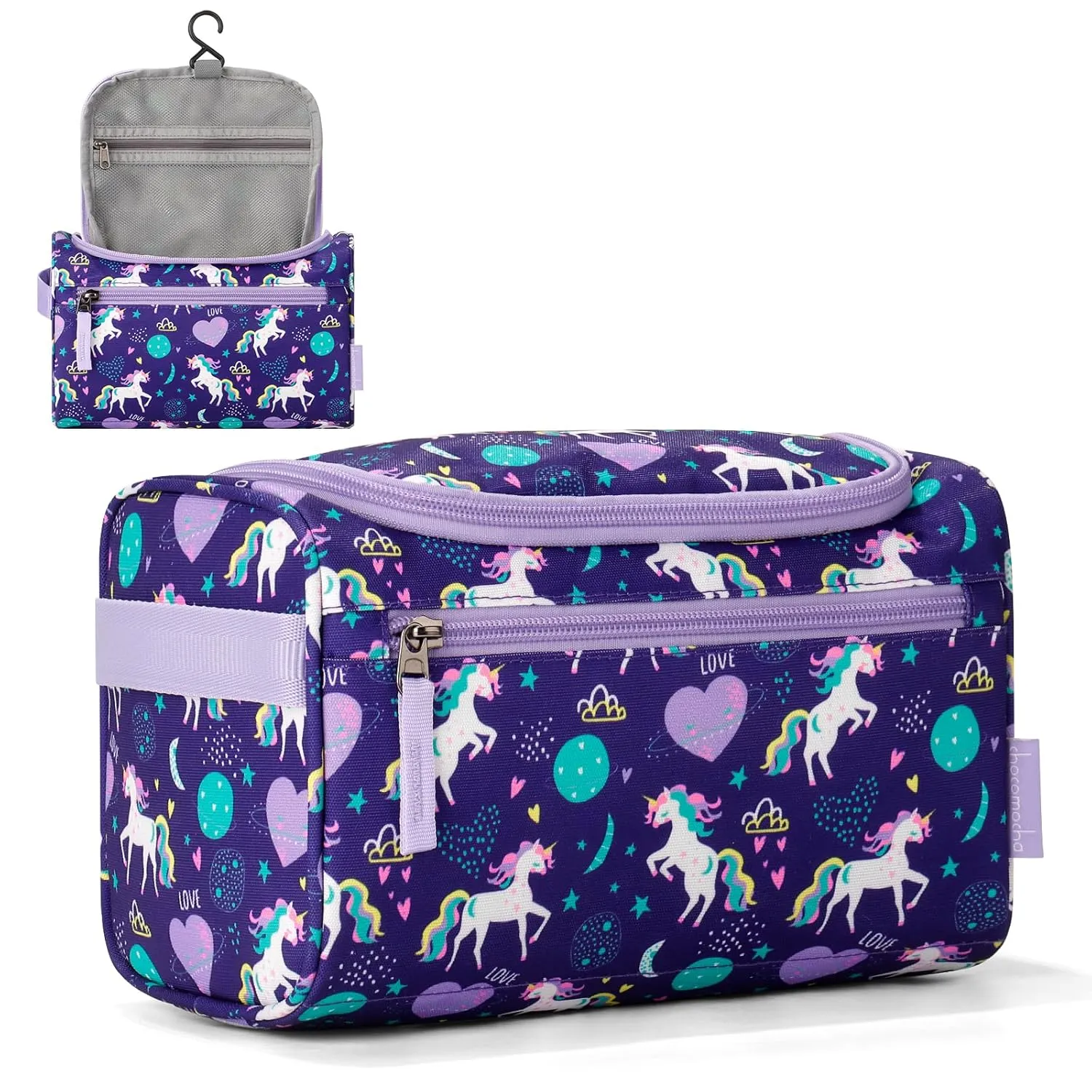 Choco Mocha Kids Unicorn Toiletry Bag for Girls, Travel Waterproof Hanging Toiletry Bag for Girls, Purple