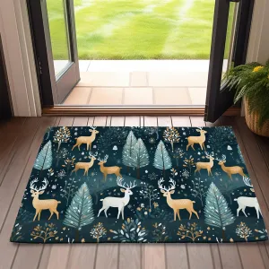 Christmas Deer Welcome Door Mat,Forest Trees Doormat for Outside Entrance Home Decor,Non-Slip Carpet Rugs with Felt Entryway Mat for Patio Indoor Front 17" x 30"