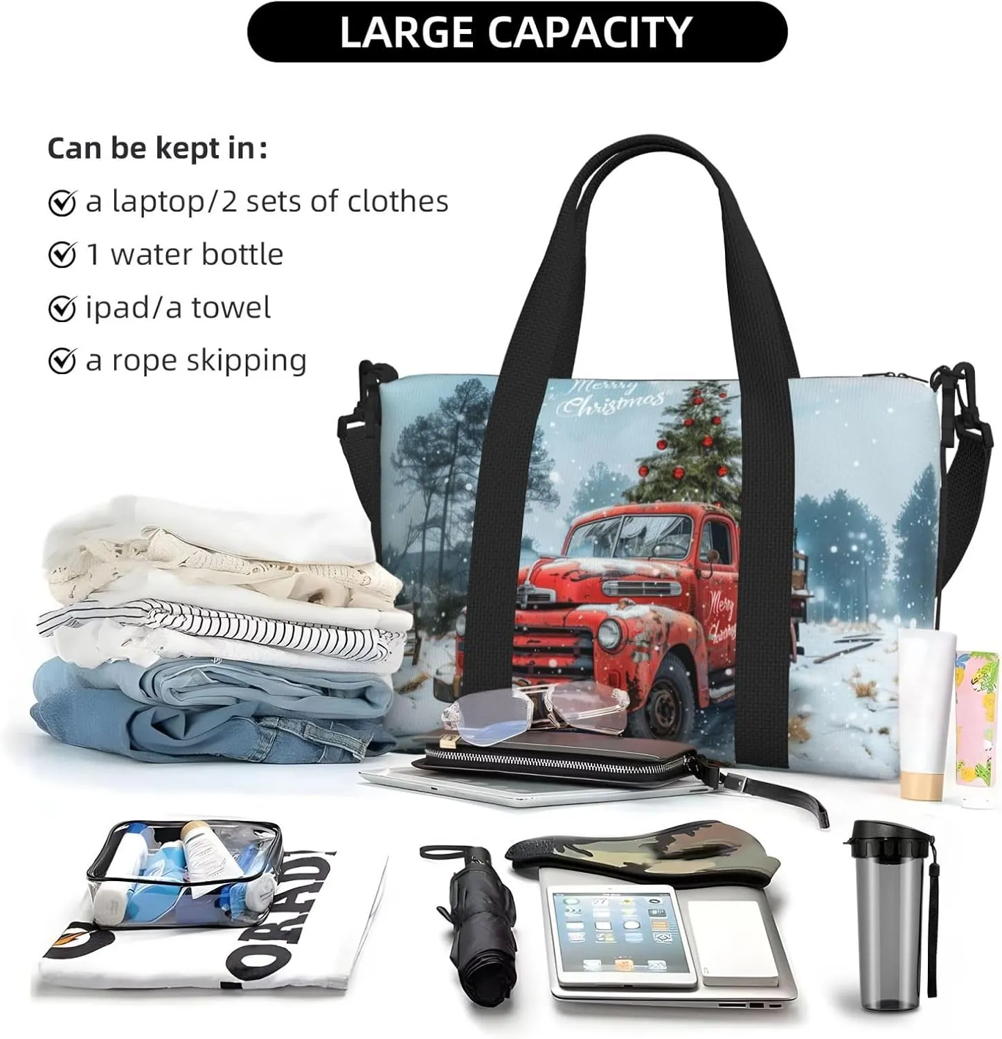 Christmas vintage truck print Travel Duffel Bag, Sports Tote Gym Bag, Swim Pool Bag Large Shoulder Tote Bag for Beach Weekender