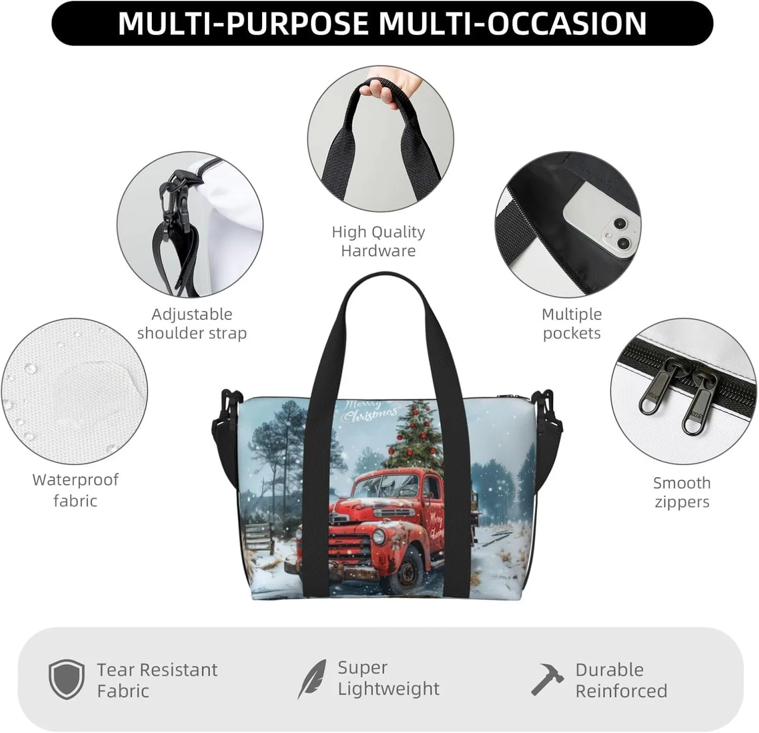 Christmas vintage truck print Travel Duffel Bag, Sports Tote Gym Bag, Swim Pool Bag Large Shoulder Tote Bag for Beach Weekender