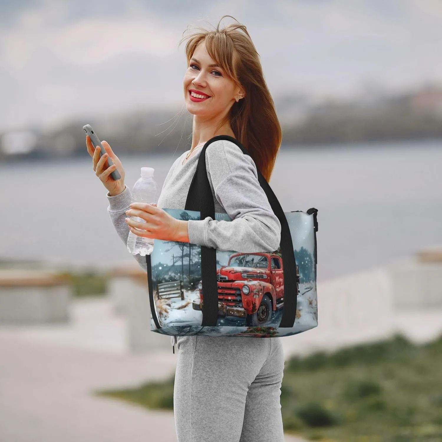 Christmas vintage truck print Travel Duffel Bag, Sports Tote Gym Bag, Swim Pool Bag Large Shoulder Tote Bag for Beach Weekender